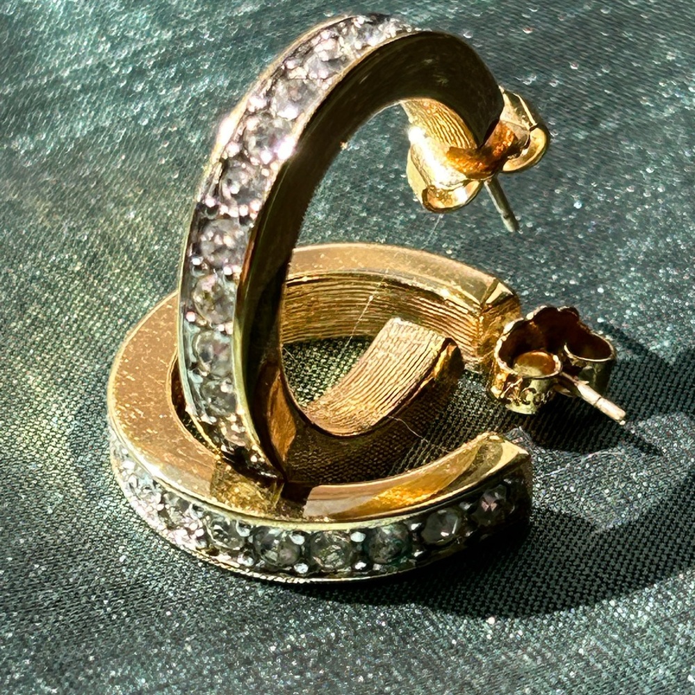 🍸Vintage Gold Clad Sterling Swarovski Stamped Hoops